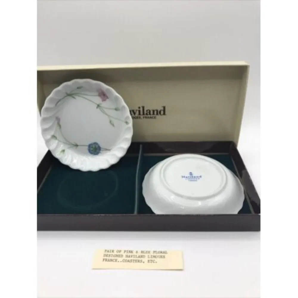 2 Haviland Limoges Coasters - Presentation Box Pink Blue‎ Floral